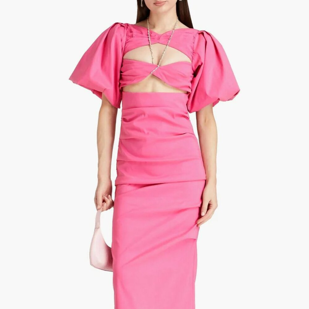 Rachel Gilbert Dalhi Cutout Puff Sleeve Midi Gown Hot Pink 6 NWT